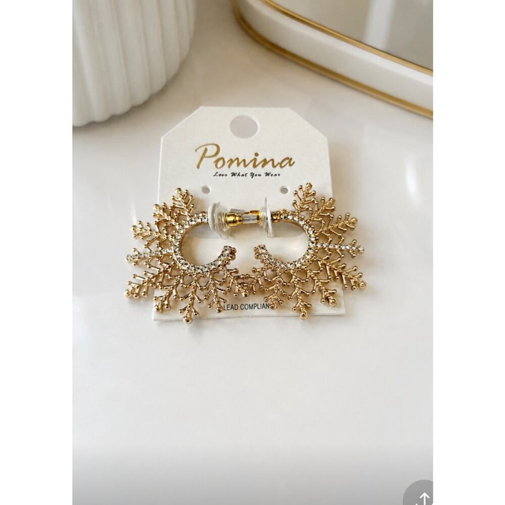 Pomina Gold Rouns Leaf Rhinestone Earring New